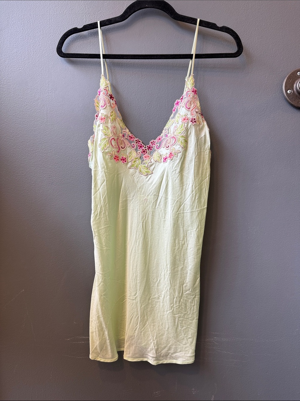 La Perla Pale Green Slip with Pink Floral Embroidery